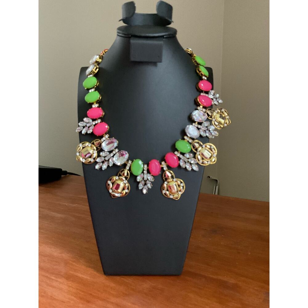 Green and pink rhinestone teardrop statement necklace